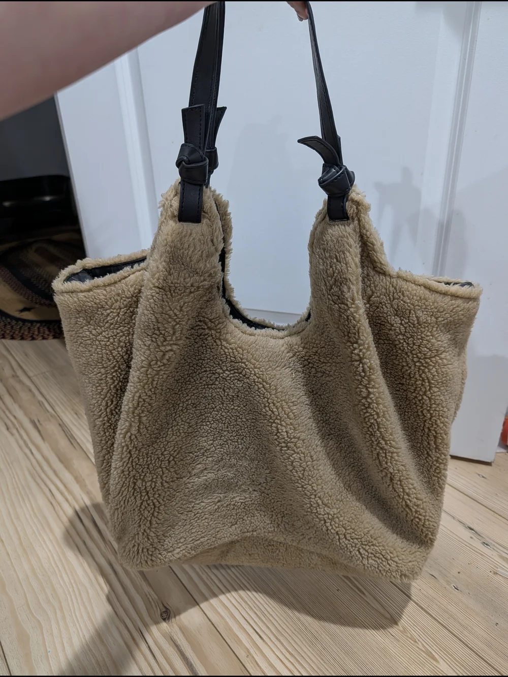 Anthropologie Camel Teddy Tote with Black Handles